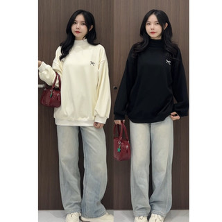  Áo nỉ lót lông nhung cổ lọ thêu nơ peonyb - Sweater form rộng oversize bigsize dáng bánh bèo tiểu thư hotgirl - SWT083 
