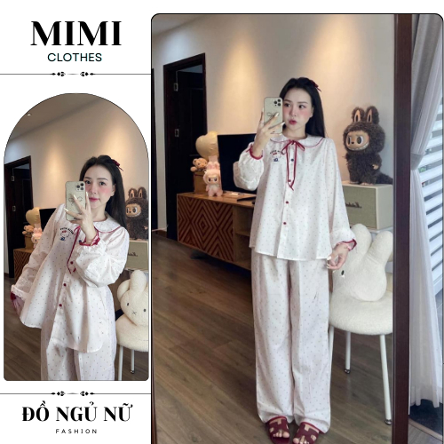 Đồ ngủ nữ pijama đồ ngủ lụa dài tay chấm bi hồng viền đỏ siêu sang MIMI CLOTHES hcom3208