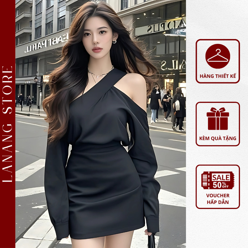 Váy lệch vai tay dài dáng ôm LaNang váy body ngắn đi tiệc [V363]