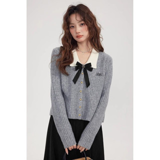  【Sẵn Áo len Xám Khuy Nơ ,Áo Len Nữ Kiểu Cadigan Hàn Quốc Chuẩn Hàng Qc 