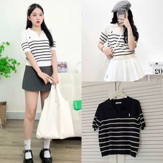 Áo Len Polo Kẻ Ngang Thêu Ngựa Cộc Tay, Labibi