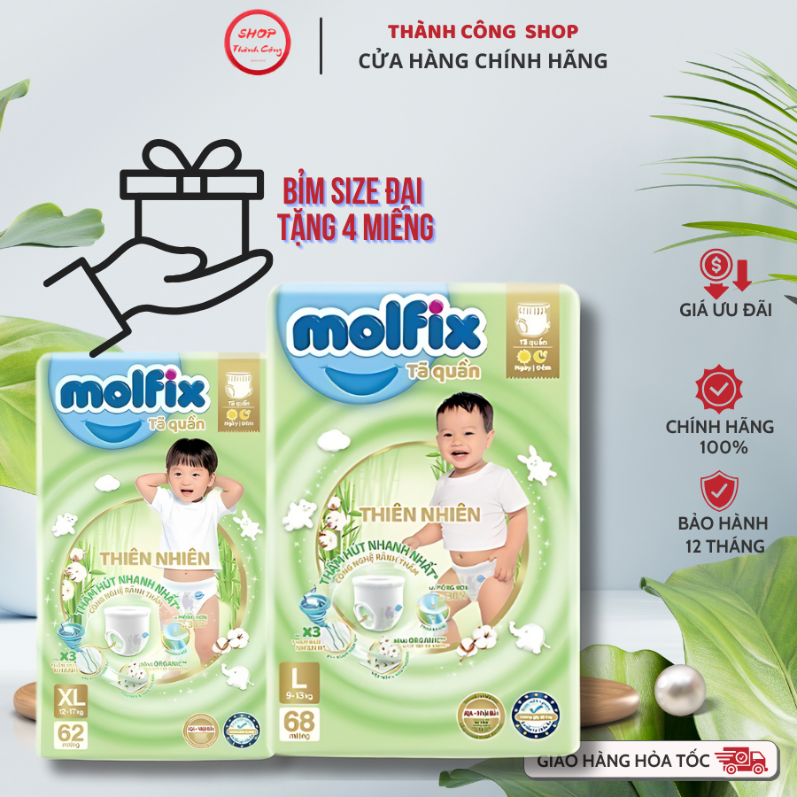 Tã/bỉm quần Molfix Utra Thiên nhiên, Gói cực đại giá tốt M76/L68 /XL62 /XXL56 - Bông Organic tự nhiê