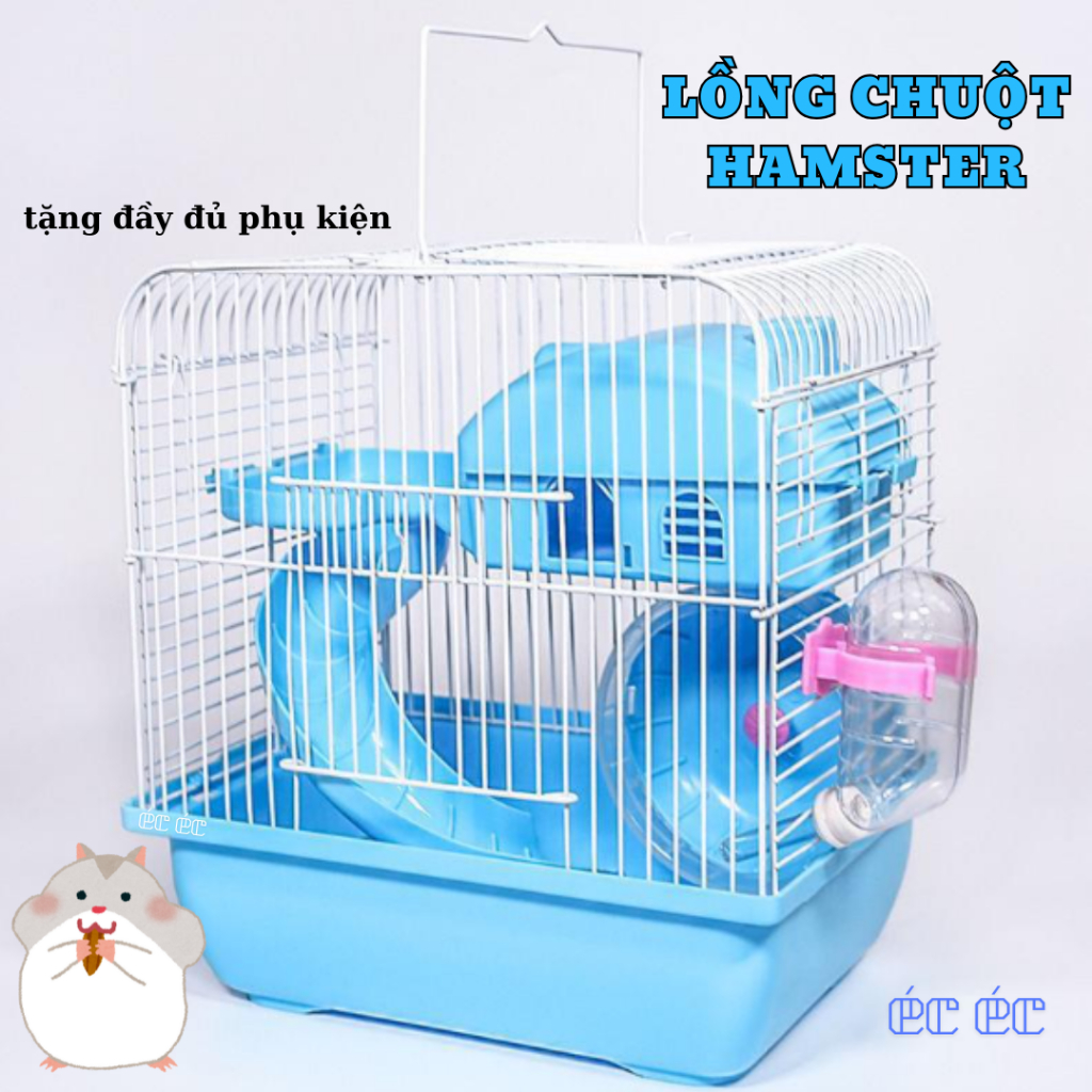 (Éc Éc) Lồng Chuột Hamster đầy đủ phụ kiện. Lồng nuôi hamster 2 tầng tiện dụng tặng full phụ kiện