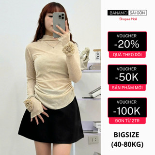 Áo thun nữ BIGSIZE Banamo Sài Gòn áo thun giấy dài tay ôm body đính hoa 2 tay sang chảnh 3118