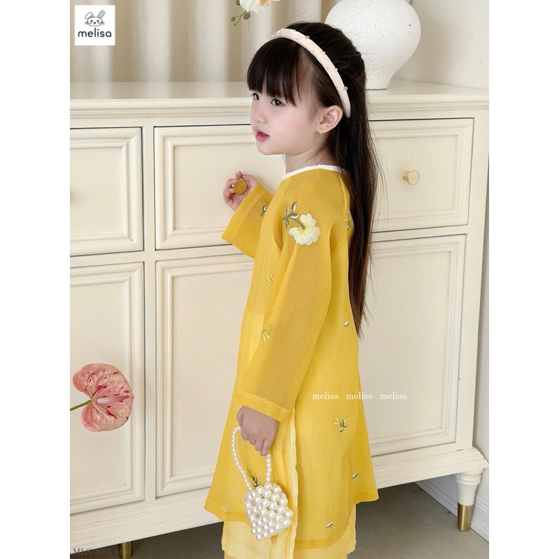 Áo Dài Cách Tân Vải Tơ Thêu Hoa Vàng Cho Bé Gái Quần Lụa Hàng Thiết Kế Đồ Tết cho bé gái 2026 (13-45