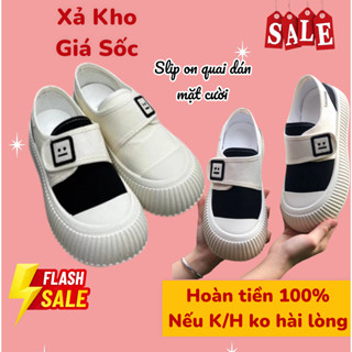 Giày lười nữ giày slip on nữ đế cao su siêu dẻo quai dán mix mặt cười nổi bật và quai thắt dây lười - Hàng Quảng Châu