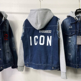 Áo khoác bò nam D2 jean xanh bạc rách xước tay mũ nỉ xám in chữ ICON lưng dày dặn AK205P
