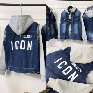 Áo khoác bò có mũ nam DSQ denim wash xanh bạc cào xước phối tay mũ nỉ xám in chữ ICON lưng boy phố AK205P
