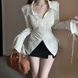 [Sẵn + Hoả tốc] Naii.order | Áo sơ mi tay dài ôm eo xẻ tà kiểu pháp tôn dáng thích hợp mùa thu N143