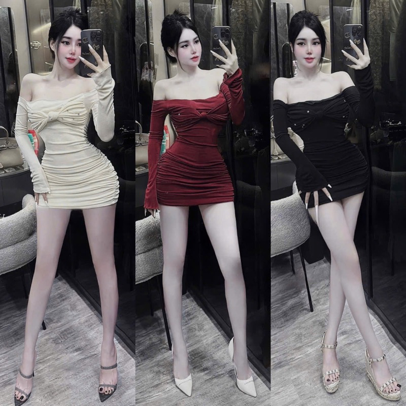 Đầm Body Thun Nhũ Đính Đá Xoắn Ngực Dài Tay Ôm Body Dáng Ngắn Sexy Sang Chảnh Tiểu Thư Dự Tiệc Sang Trọng- Thời Trang Nữ