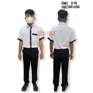  Áo Sơ Mi Trắng Ngắn Tay Nam Kiểu Viền Xanh Đồng Phục Học Sinh Đi Học Cấp 2 Cấp 3 