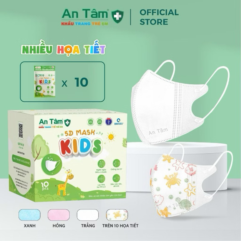  Thùng 100 cái - Khẩu trang y tế 5D cho bé 3 lớp Vải Không Dệt & Giấy Kháng Khuẩn Chính Hãng AN TÂM - Túi 10 cái 