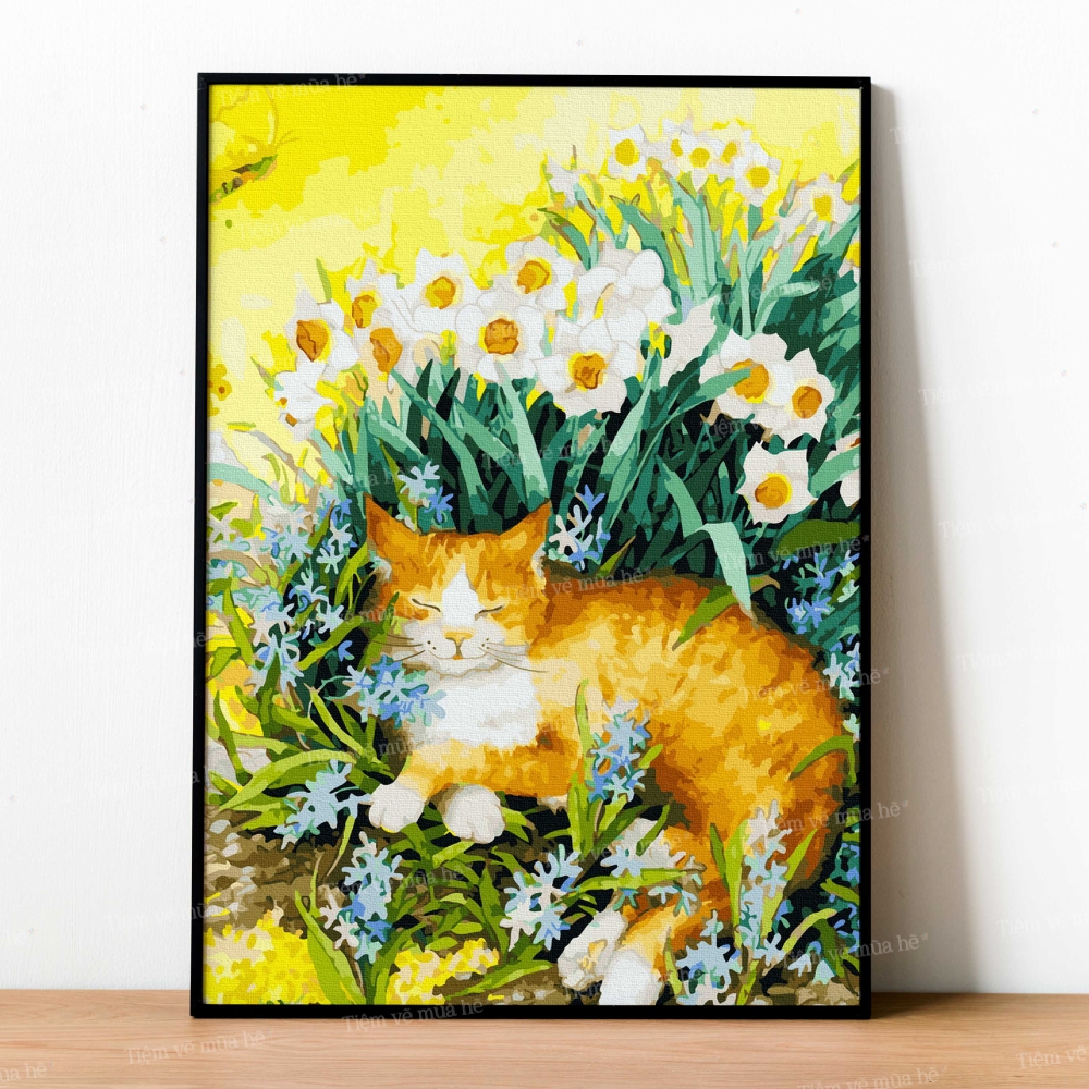 ✅Tranh tô màu theo số - Mèo bên hoa đã căng khung 40x50cm 31 màu