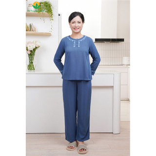  Đồ bộ lanh trung niên mặc nhà quần dài áo dài tay thêu họa tiết thời trang Việt Thắng - B30.2412 