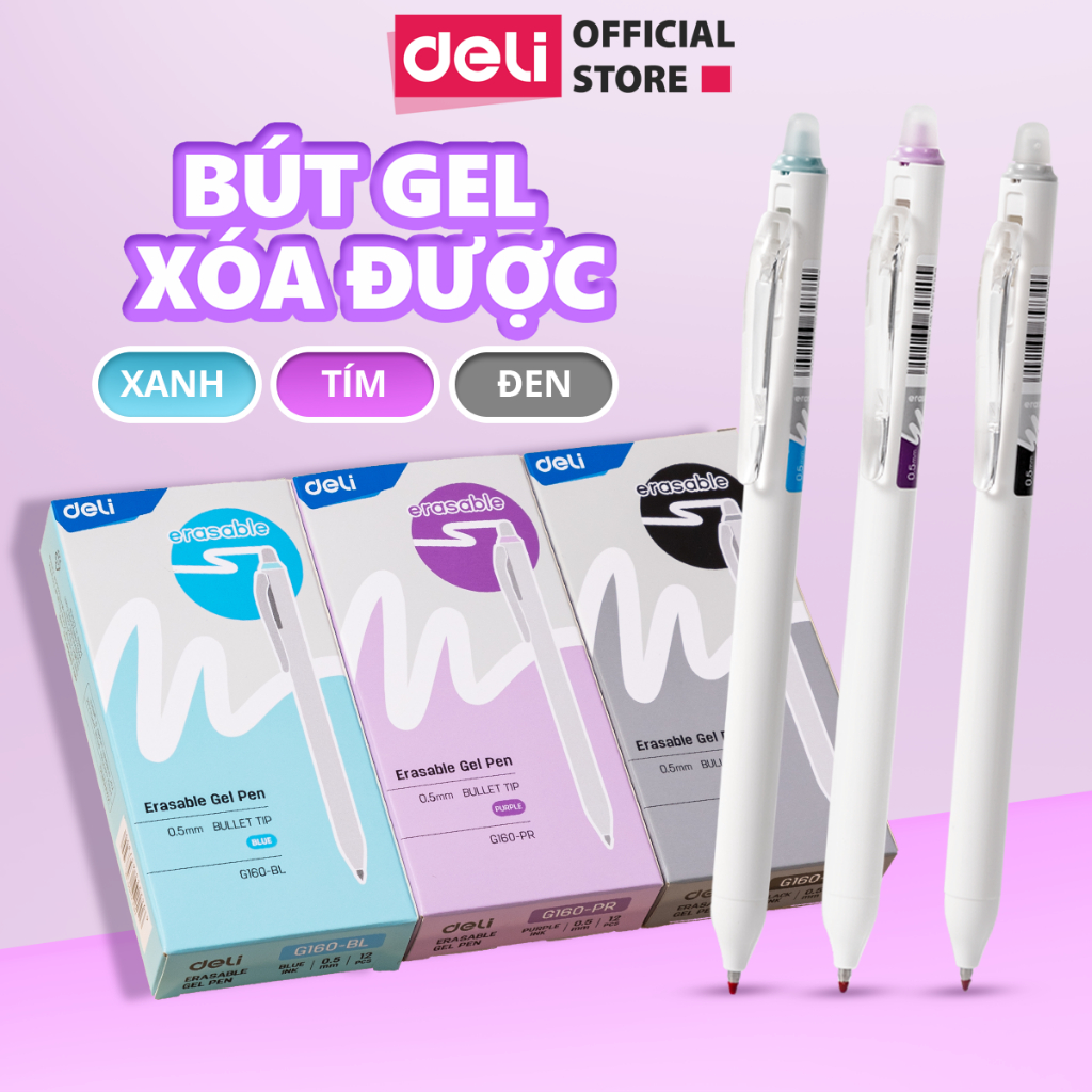  Bút Gel Xóa Được Deli Mực Xanh Đen Tím Bút Gel Bút Bi Mực Nước Bút Gel Bấm Ngòi 0.5mm Viết Trơn Mượt Có Gôm Trên Nắp 