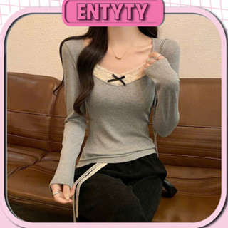 Áo tay dài nữ cổ ren nơ dáng dài len tăm, Áo thun ôm body dài tay nữ