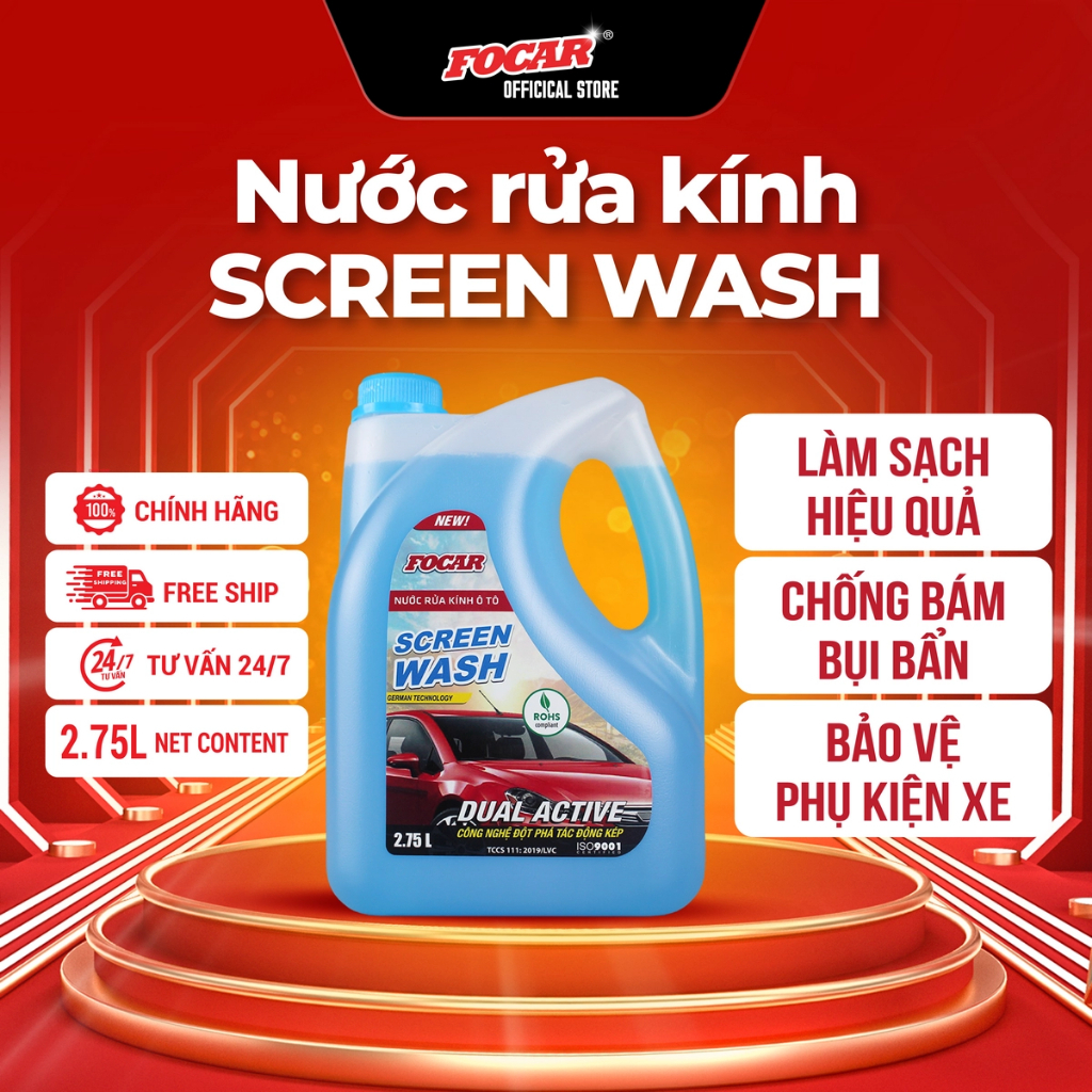Nước rửa kính ô tô FOCAR Screen Wash 2.75L cao cấp chính hãng, bảo vệ cần gạt chống ố mốc kính