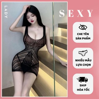 Váy ngủ lưới cổ vuông gợi cảm, đầm ngủ 2 dây lưới xuyên thấu sexy cosplay kiều nữ ôm body tôn dáng