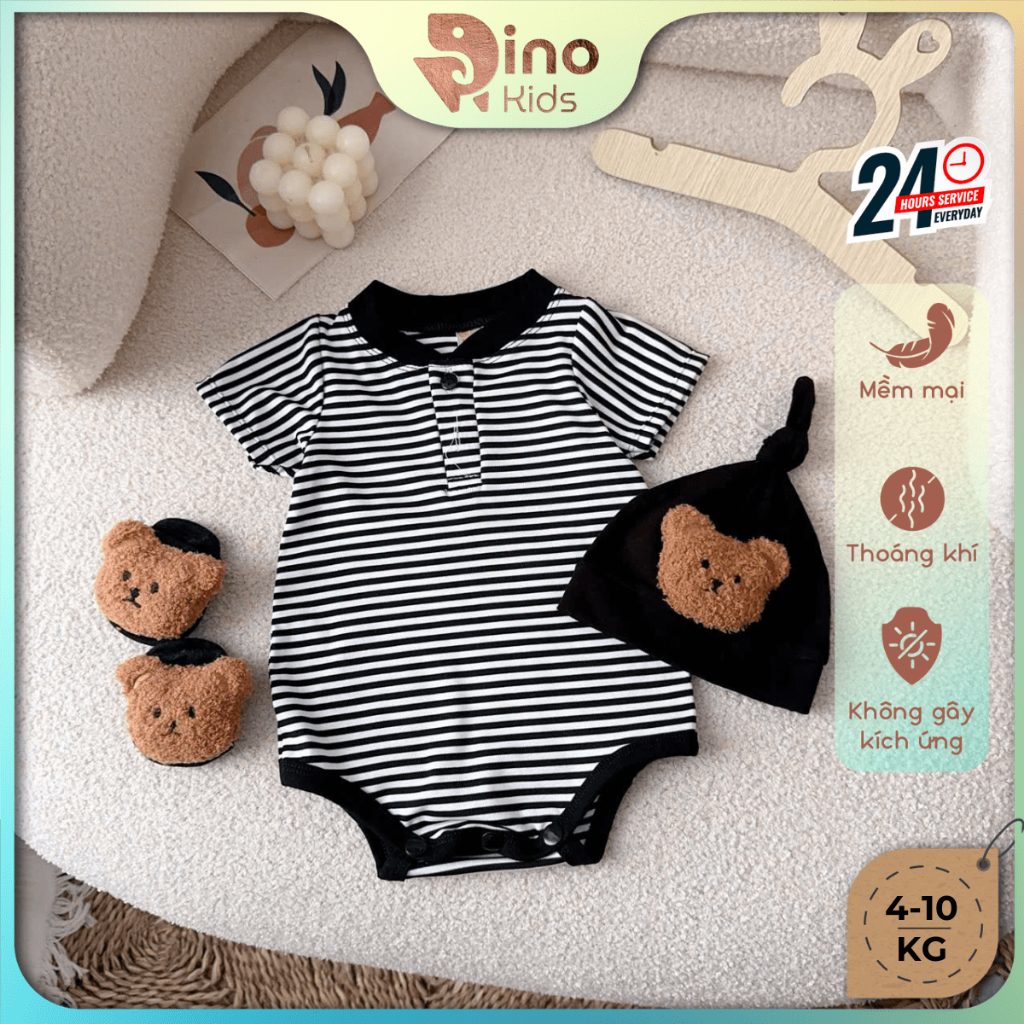 Set Body kẻ sọc 3 chi tiết bé trai 4-10kg. Body liền thân kèm nón và tất cho bé. Dino Kids