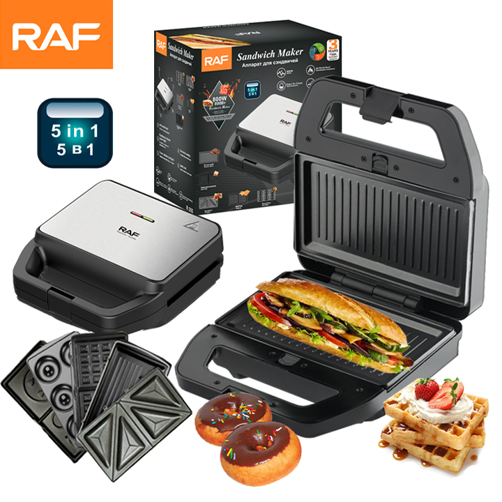 Máy kẹp nướng bánh mì 5 khay nướng, làm bánh waffle, donut, bánh gấu đa năng tiện lợi RAF 800W