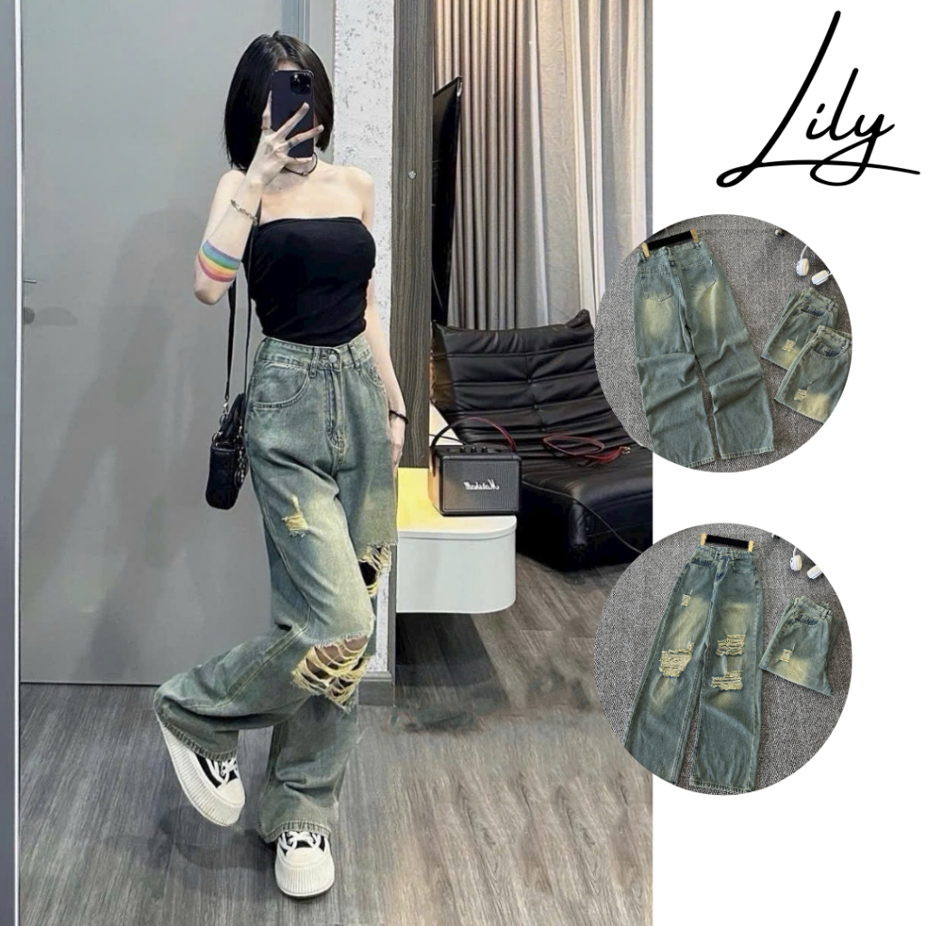 Quần jean nữ ống rộng cạp cao cá tính, quần bò rách gối màu bụi cá tính, quần bò hottrend Lily Jean - JPL1467