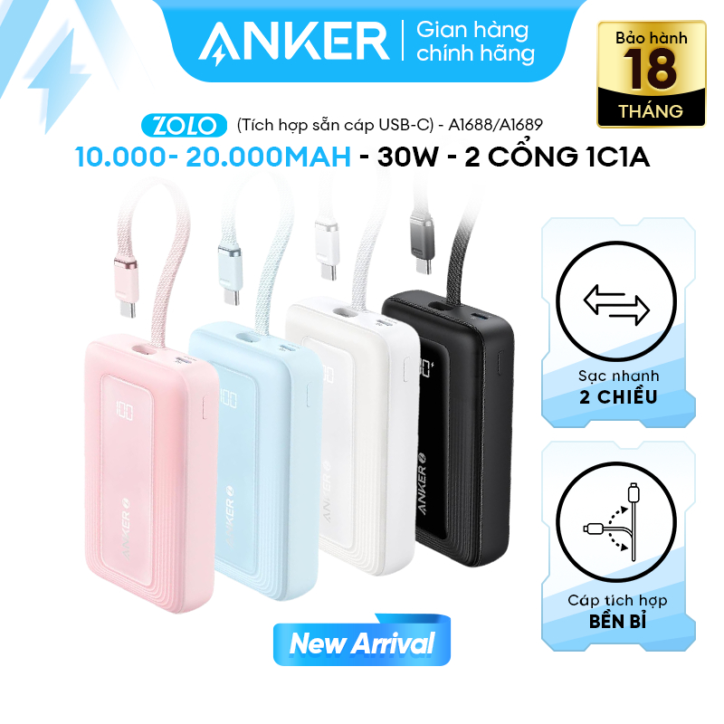 Pin sạc dự phòng ANKER Zolo 30W 10kmAh/20kmAh tích hợp dây cáp USB-C - A1688/A1689