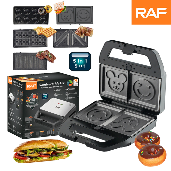 Máy làm bánh đa năng, nướng kẹp bánh mì 5 khuôn in 1 Chính hãng RAF 800W bánh donut, hình mặt gấu
