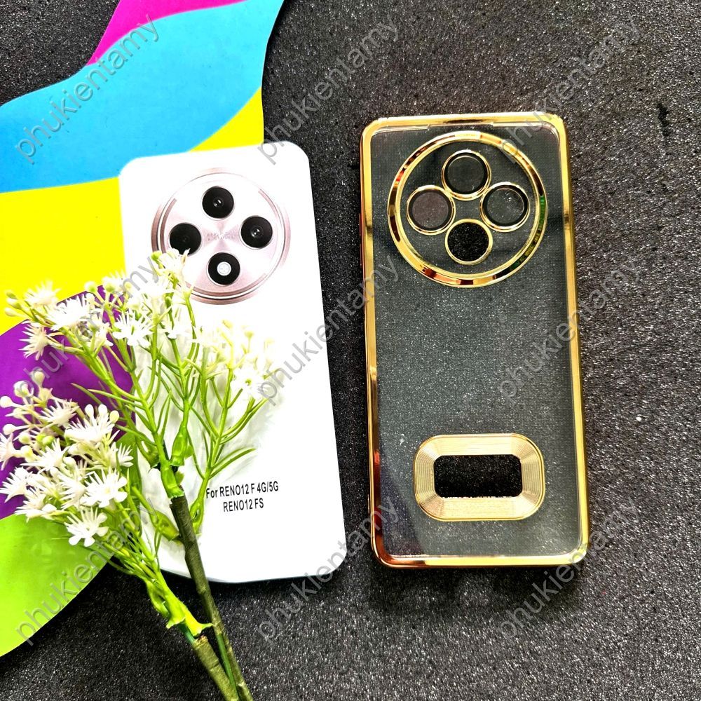 Ốp Lưng OPPO RENO 12F 4G / RENO 12F 5G Dẻo TPU Mềm Mại Viền Vuông Vàng Khuyết Logo Có Kính Bảo Vệ Ca