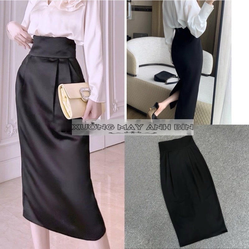 Chân váy bút chì công sở dáng dài, cạp cao gel che bụng tạo phom, chất UMI co giãn tôn dáng