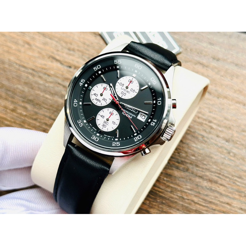 ĐỒNG HỒ NAM CHÍNH HÃNG Seiko SKS485P1 Quartz Chronograph Black Leather