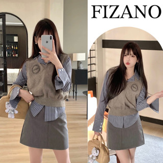 Set áo gile nữ len dệt kim xám mix sơ mi kẻ Fizano, áo nữ thu đông dễ phối đồ HCOM3297