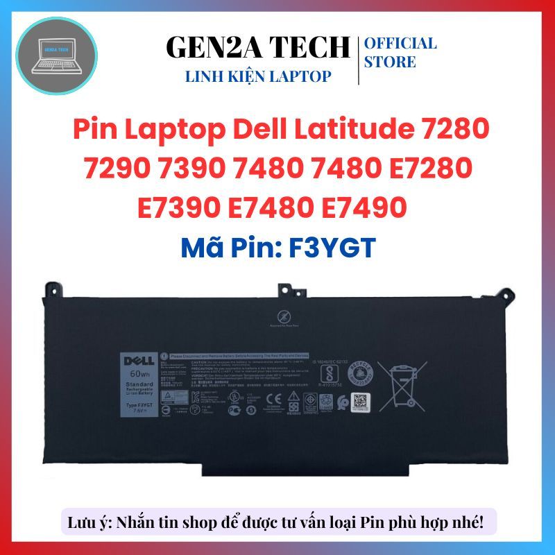 Pin Laptop Dell Latitude 7280 E7280 7290 7390 E7390 7480 E7480, F3YGT, DJ1J0 - Pin Dell 7280 60W, 42