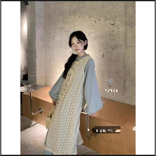 (ORDER - Sẵn sơ mi) Set váy yếm ren hoa giấy cài khuy thắt nơ vintage điệu đà + váy sơ mi tay phồng hàng QC cao cấp