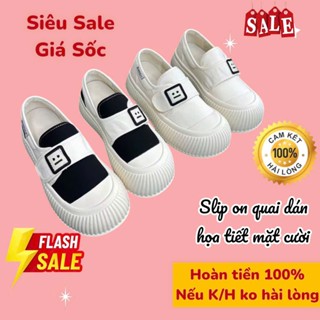 Giày Slip On Vải Canvas Quai Dán Mặt Cười Giày Lười Nữ Tua Rua Quai Dán Đế Bằng Cao 4P (Fullbox Hàng QC -Sẵn Hàng)