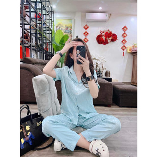 Bộ Pijama Cao Cấp Chất Lụa Gấm Tay Cộc - Quần Dài