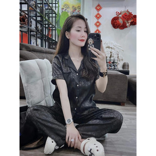 Bộ Pijama Cao Cấp Chất Lụa Gấm Tay Cộc - Quần Dài