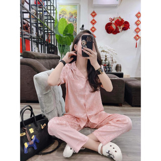 Bộ Pijama Cao Cấp Chất Lụa Gấm Tay Cộc - Quần Dài