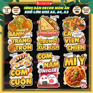 Decal Bánh Tráng Trộn, Cá Viên Chiên, Sandwich, Cơm Cuộn 🌈Freeship Hình Dán Món Ăn Vặt Trang Trí Quán, Xe Đẩy Chống Nước