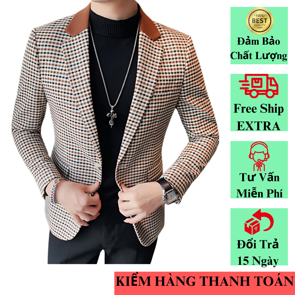 Vest Nam Công Sở Họa Tiết Kẻ Phối Cổ Cá Tính – Áo Blazer Nam Form Ôm Lịch Lãm Dễ Phối H68