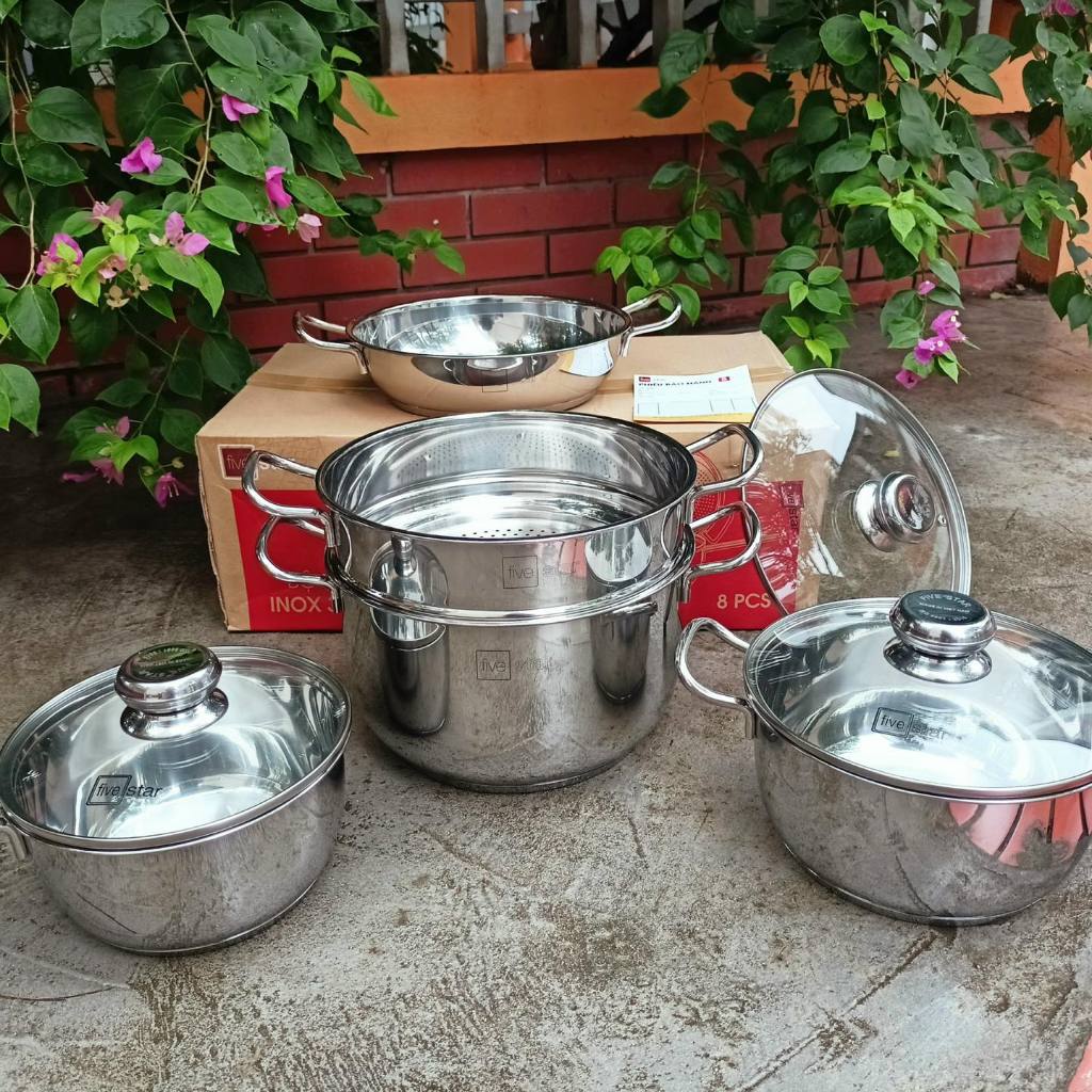 BỘ NỒI INOX 5 MÓN FIVESTAR 3 ĐÁY, gồm 1 nồi inox 3 đáy 20 cm, 24 cm, 1 xửng hấp 24 cm, 1 chảo 24 cm,