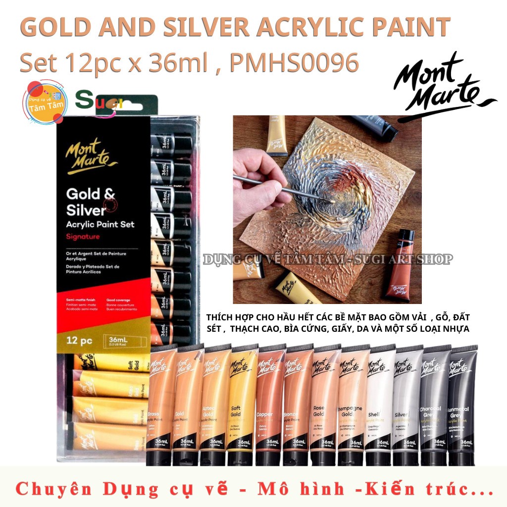 [ SUGI ART SHOP ] Bộ màu Acrylic nhũ , Mont Marte Gold and Silver Acrylic Set 12pc x 36ml , PMHS0096