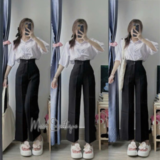 Quần ống rộng nữ cạp cao đi học làm chơi  dáng dài quần tây nữ lưng cao 1 khuy vải đen dày đáy cao