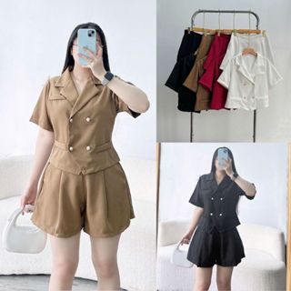 Set Thiết Kế Công Sở Bigsize Áo Vest Tay Ngắn Dáng Croptop Cúc Đồng Kèm Quần Đùi Lưng Cao Vải Cotton Sang Chảnh SET847