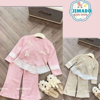 đồ bộ bé gái,set đồ bé gái áo dài tay chất đũi 3 màu hồng be đen phối ren thêu hình nơ xinh xắn JIMADO D1950