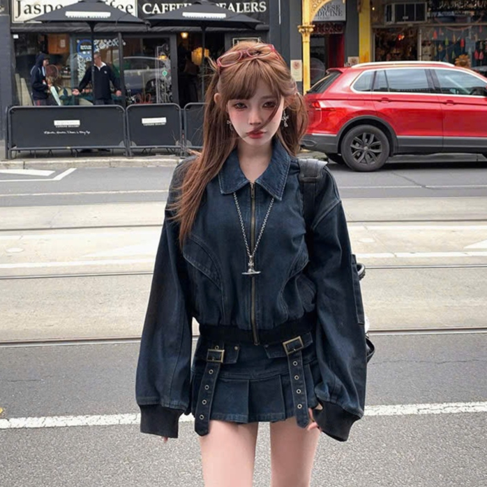 OB056 Set Denim áo khoác kiểu cách cá tính khóa kéo kim loại túi rộng rãi chân váy ngắn xếp li