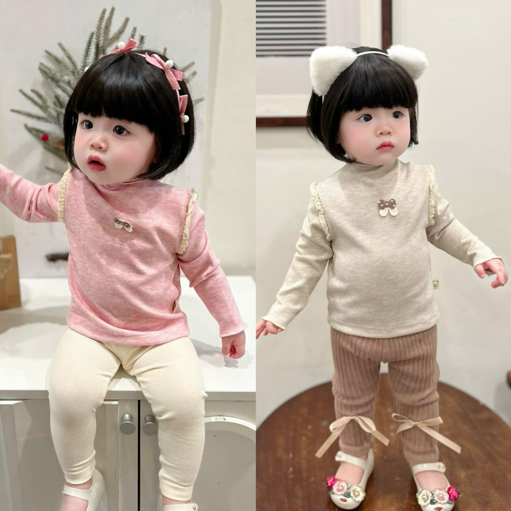 ÁO GIỮ NHIỆT CỔ 3 PHÂN REN VAI GẮN STICKER NGỰC XINH XẮN CHO BÉ GÁI M149