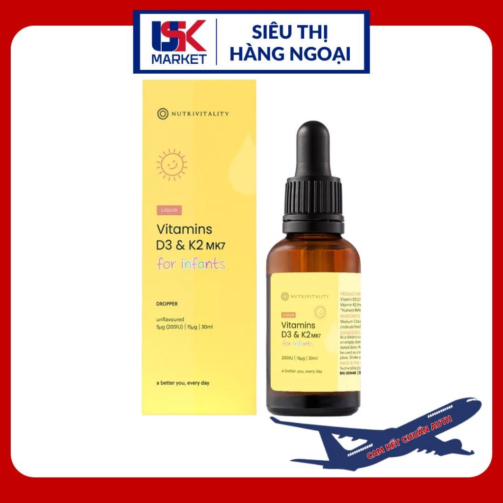 Vitamin D3K2 MK7 Nutrivitality Anh Quốc Dạng Giọt  - Tăng cường miễn dịch, Giúp xương chắc khỏe 30ml