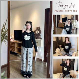 Đồ ngủ nữ,bộ mặc nhà áo phông dài tay cổ tròn in hình mèo phối quần dài ren gấu họa tiết chấm bi nơ Juvigo HCOM3299