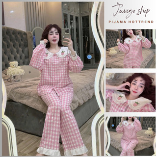 Đồ ngủ nữ,bộ mặc nhà pijama dài tay cổ sen thêu hình quả dâu quần dài suông họa tiết kẻ caro trẻ trung Juvigo HCOM3305