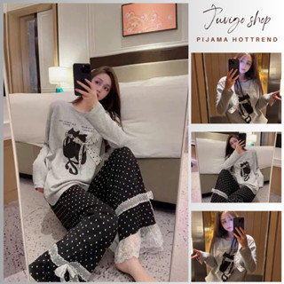 Set đồ nữ, bộ mặc nhà pijama áo phông dài tay in hình mèo đính nơ nổi phối quần dài chấm bi viền ren gấu Juvigo HCOM3306